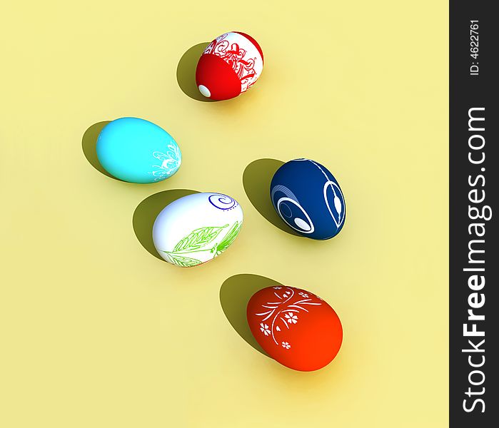 Easter eggs - 3d render isolated on yellow background