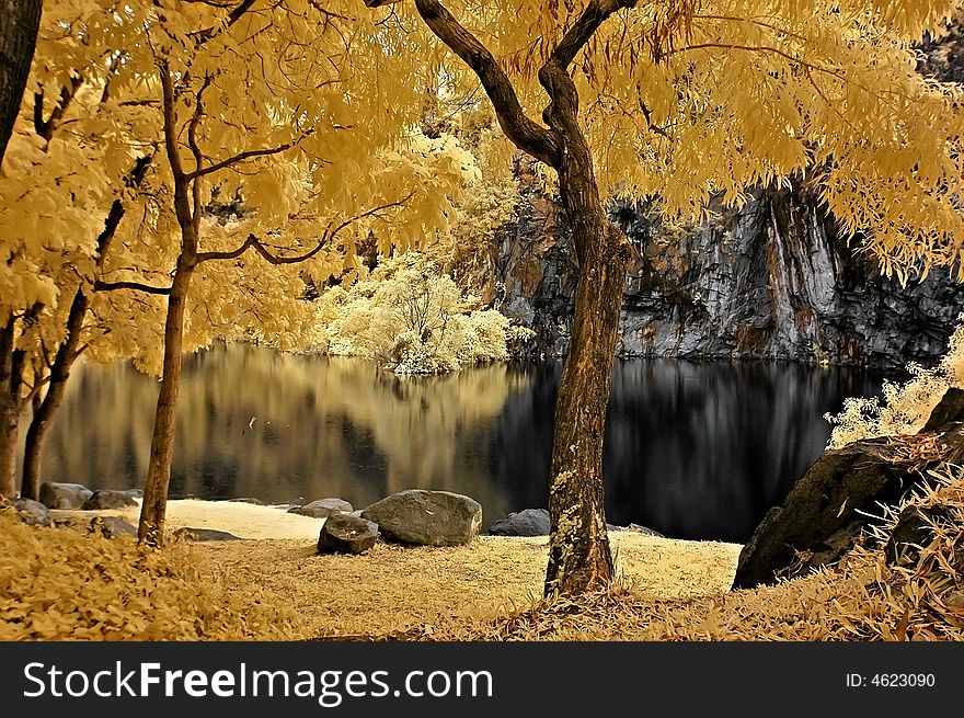 Infrared Photo â€“ Lake, Rock, Reflection And Tree