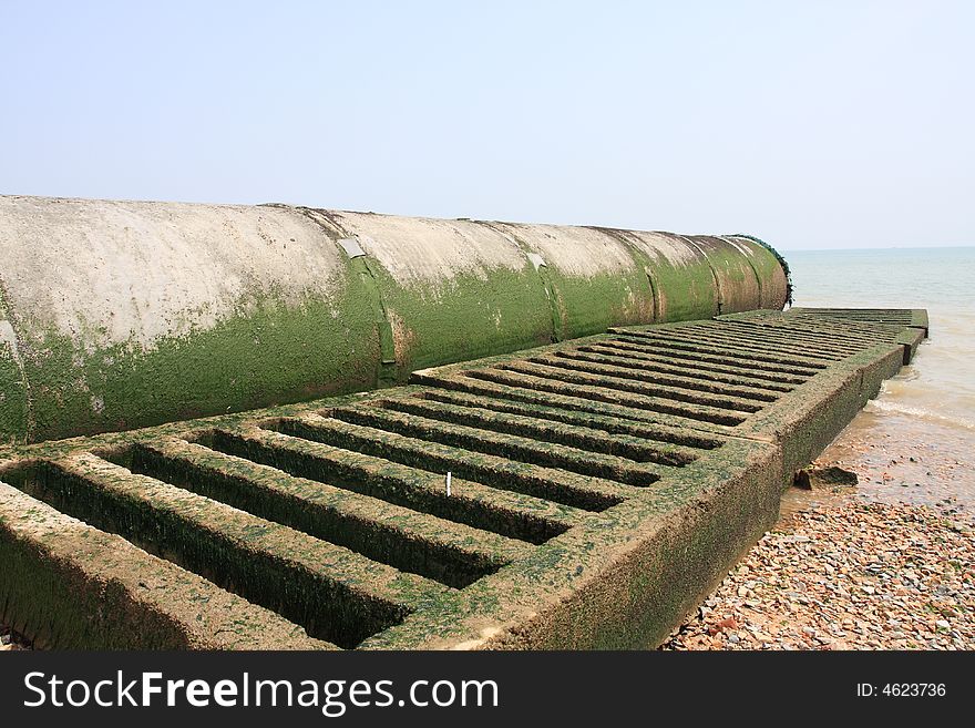Cement Pipeline Covered With Seaweed