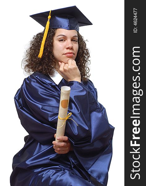 Young woman thinking on her graduation day. Young woman thinking on her graduation day
