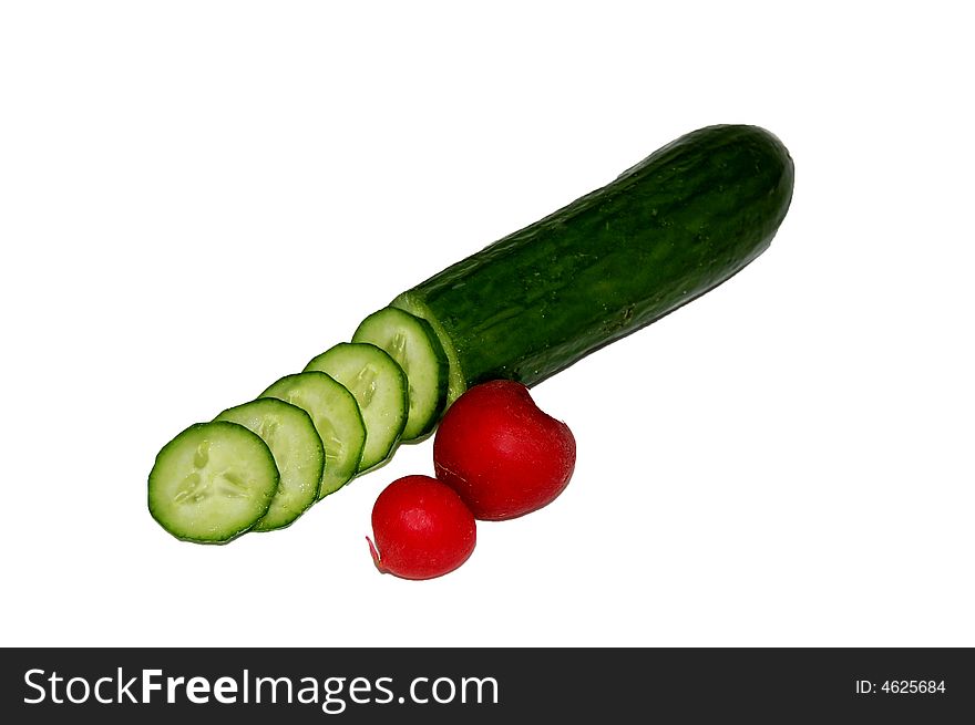 Long green cocumber with two radish isolated on the white background