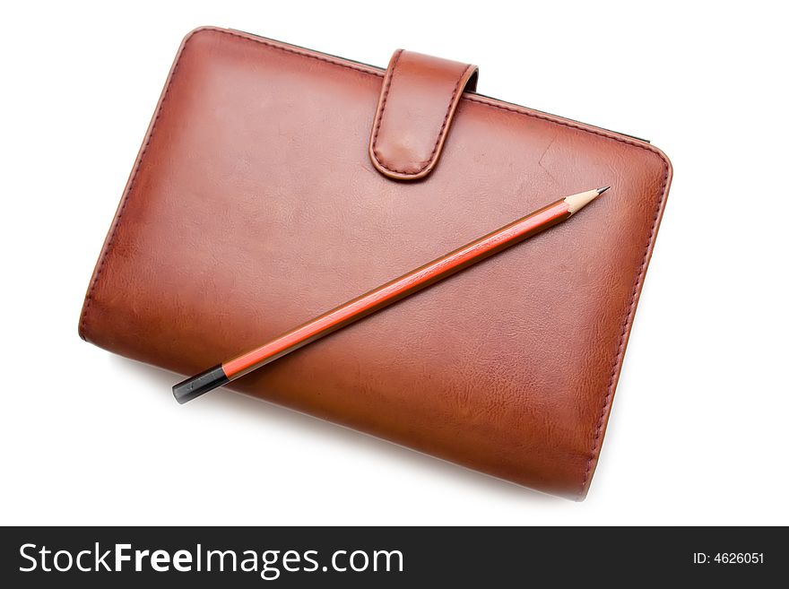 Modern organizer and pencil over white isolated background