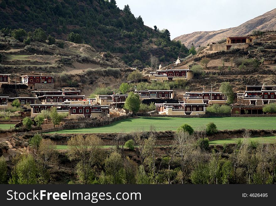 Tibetan village in the valley, unique style of the houses