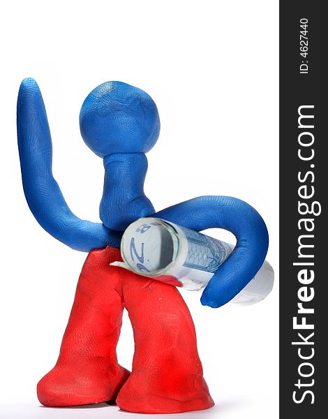Plasticine toy man with twenty euro bill under arm