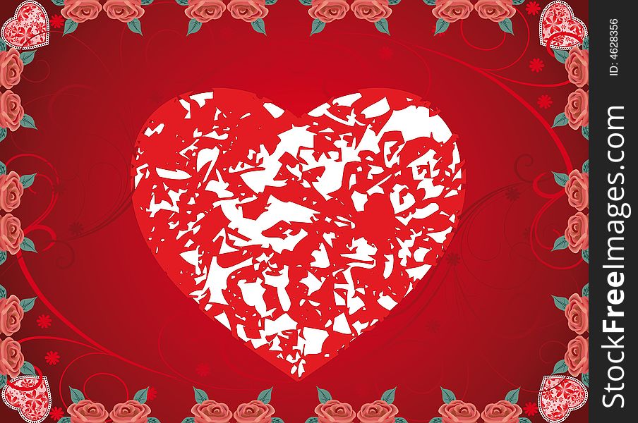 Wallpaper of red and white heart with  frame of rose