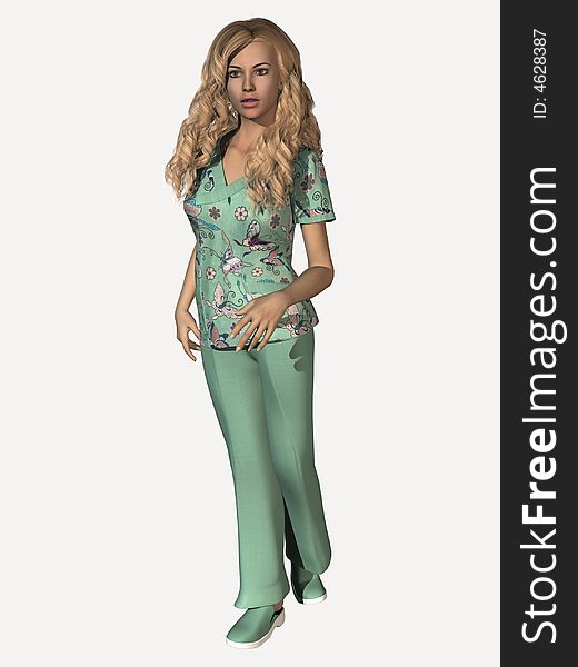 Attractive young woman in medical scrubs. 3 Dimensional model, computer generated image.