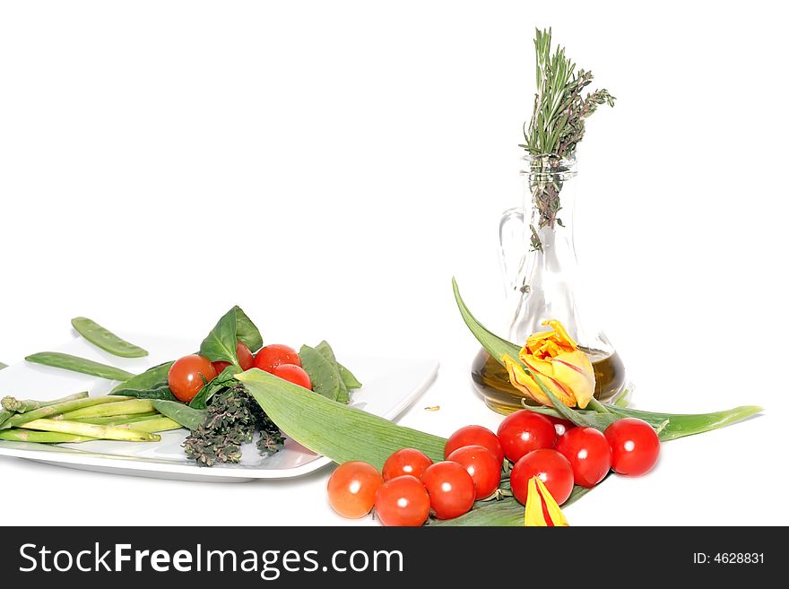 Still life of vegetables and tulip isolated on white background. Still life of vegetables and tulip isolated on white background