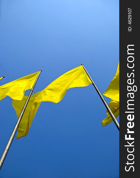 A series of royal Thai flags on a windy day