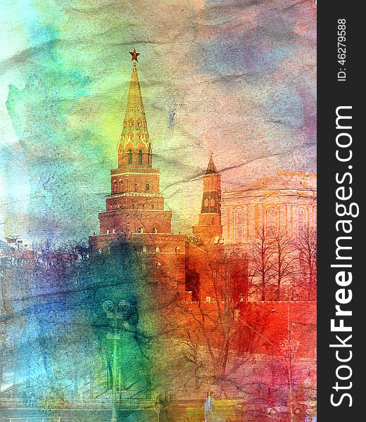 Beautiful watercolor weathered landscape with Kremlin tower in Moscow r. Beautiful watercolor weathered landscape with Kremlin tower in Moscow r