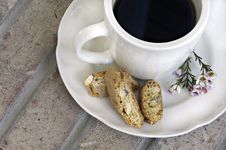 Cup Of Coffee With Biscotti And Flowers Royalty Free Stock Photos Cup Of Coffee With Biscotti And Flowers Royalty Free Stock Photos