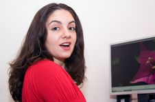 Pretty Girl Surprised At Her Desktop Computer Stock Photos