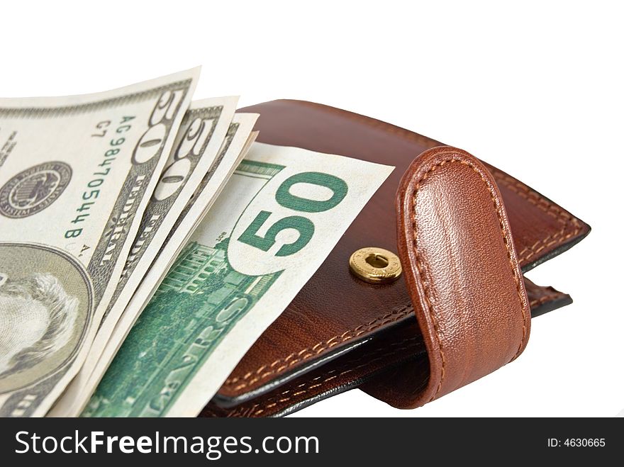Brown leather wallet and fifty dollars denominations