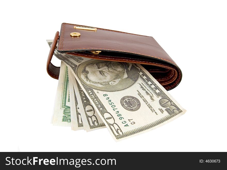 Brown leather wallet and fifty dollars denominations