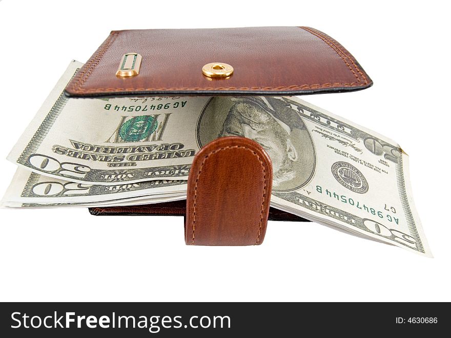 Brown leather wallet and fifty dollars denominations