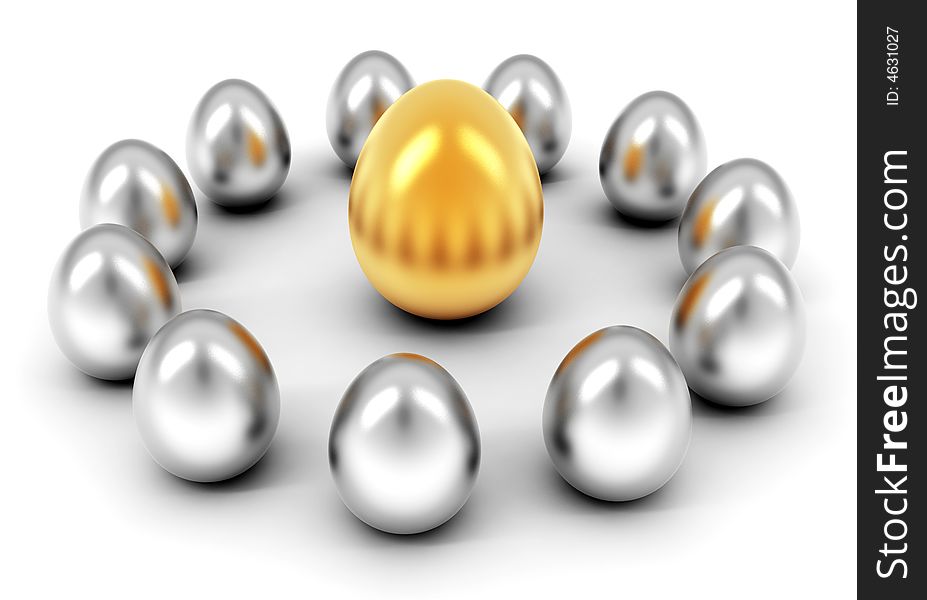 Silver and golden eggs on white