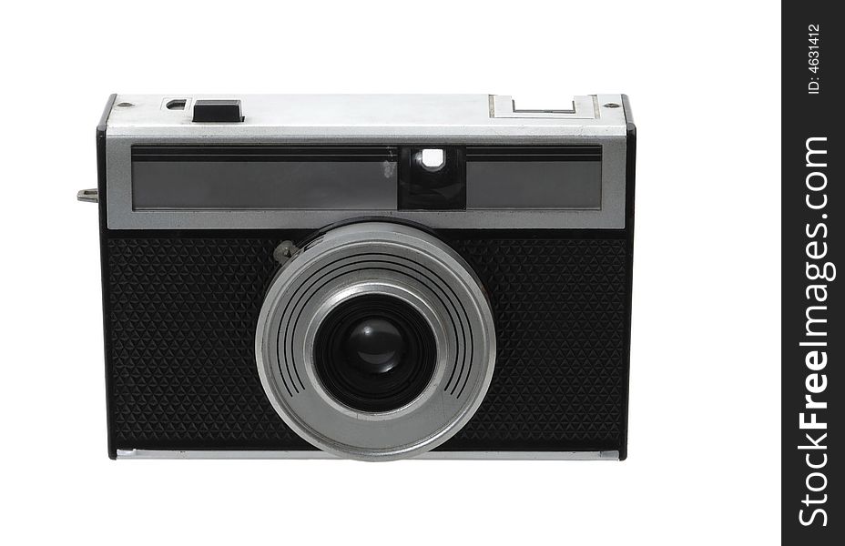 Old vintage photo camera on white background