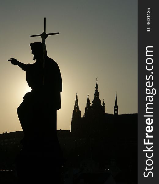 Silhouette statue with Prague Castle. Silhouette statue with Prague Castle.