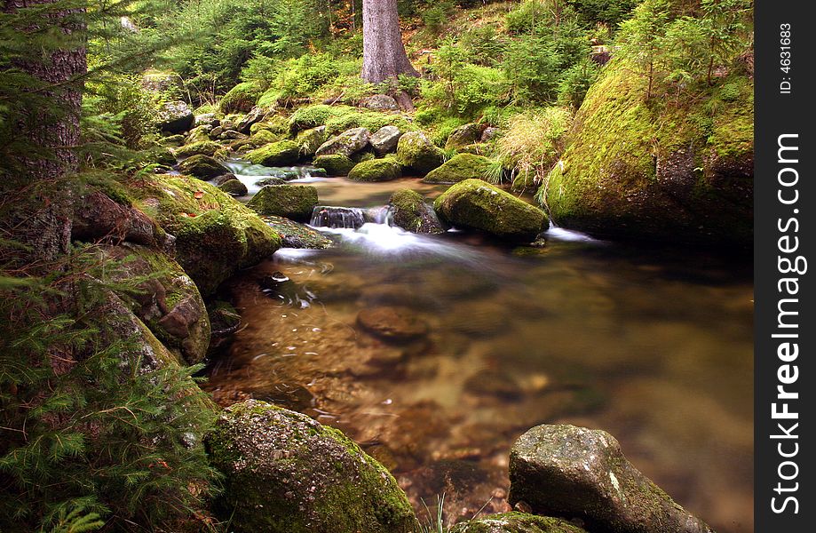 The water of a torrent flow between mountain rocks