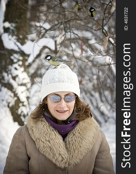 Great Tit On Girl S Head