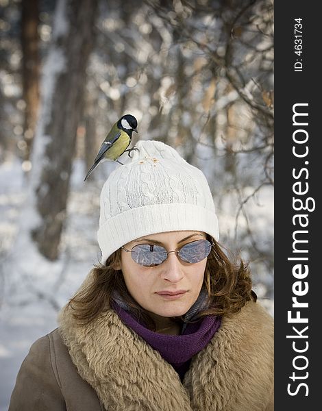 Great Tit alighted on girl's head. Great Tit alighted on girl's head