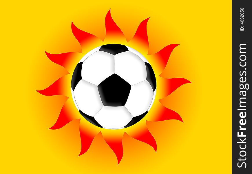 Football and red sun on a yellow background. Football and red sun on a yellow background