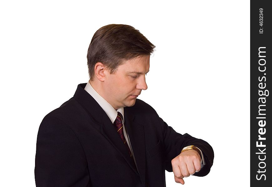 Businessman looking at watch, isolated on white background