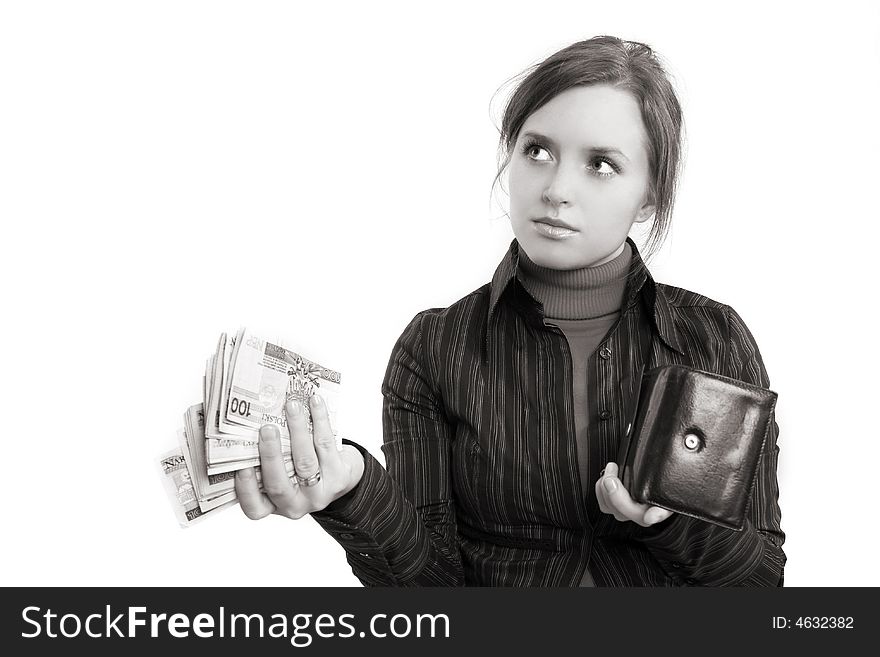 Young woman is giving money