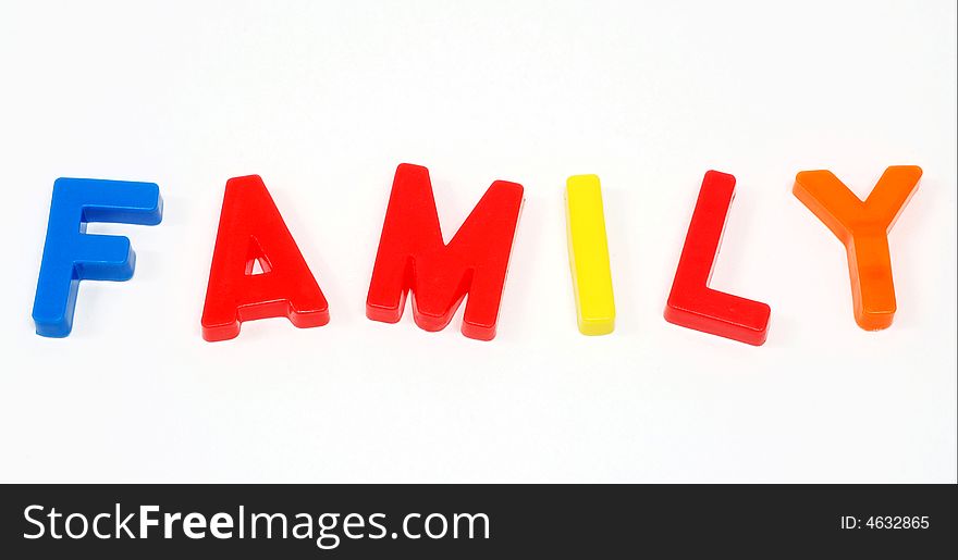 Colorful magnetic letters spelling the word family