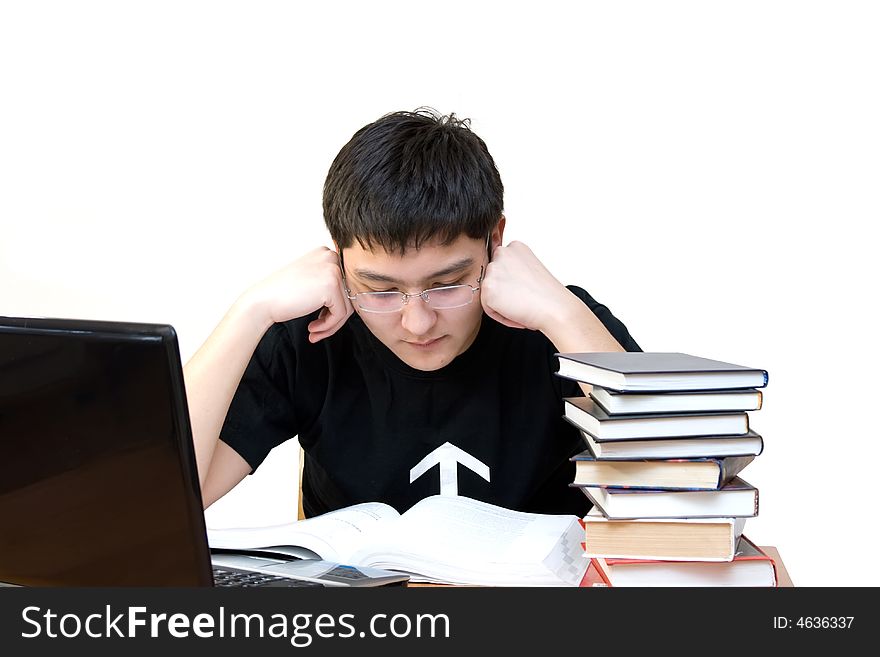 Student is lost in meditation on white background