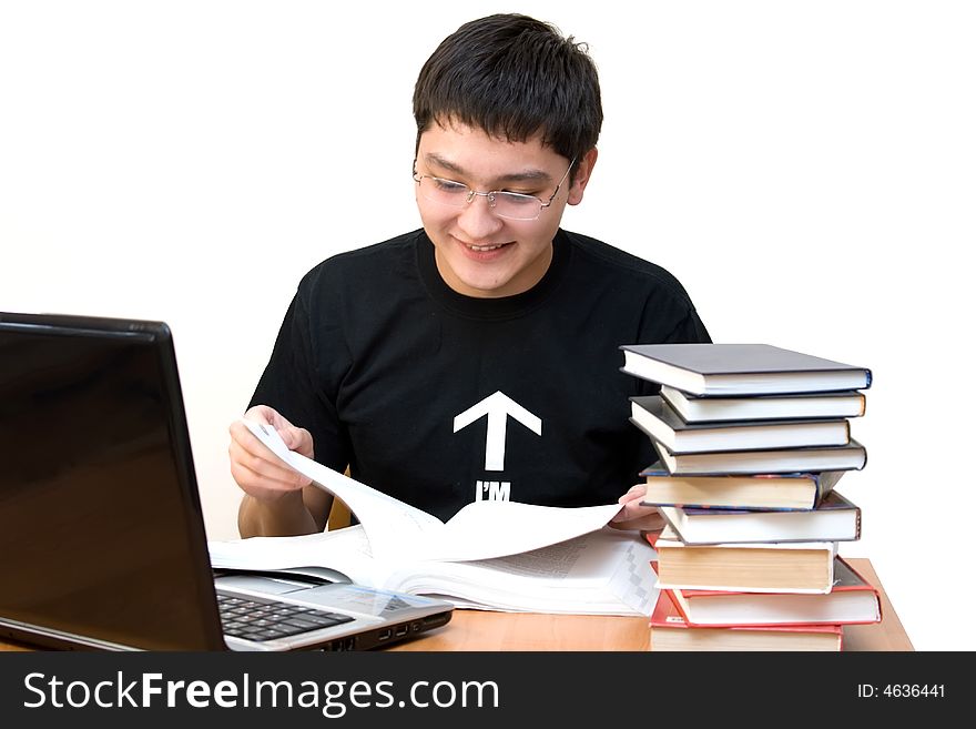 Student on reading on white background