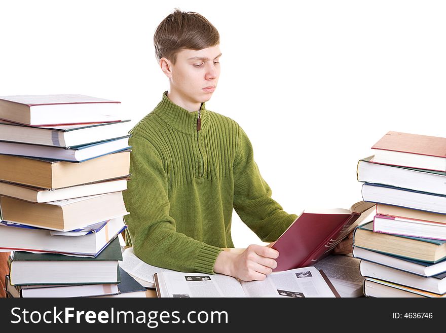 The young student with books isolated on a white background