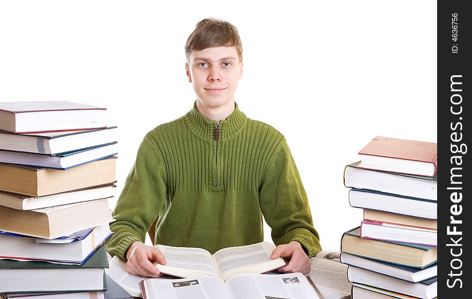 The young student with books isolated on a white