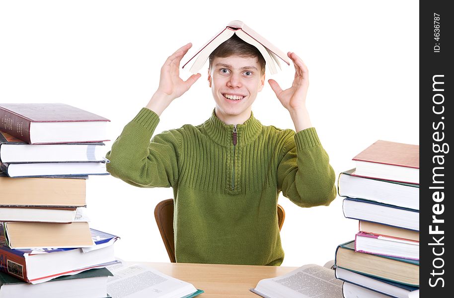 The young student with books isolated on a white