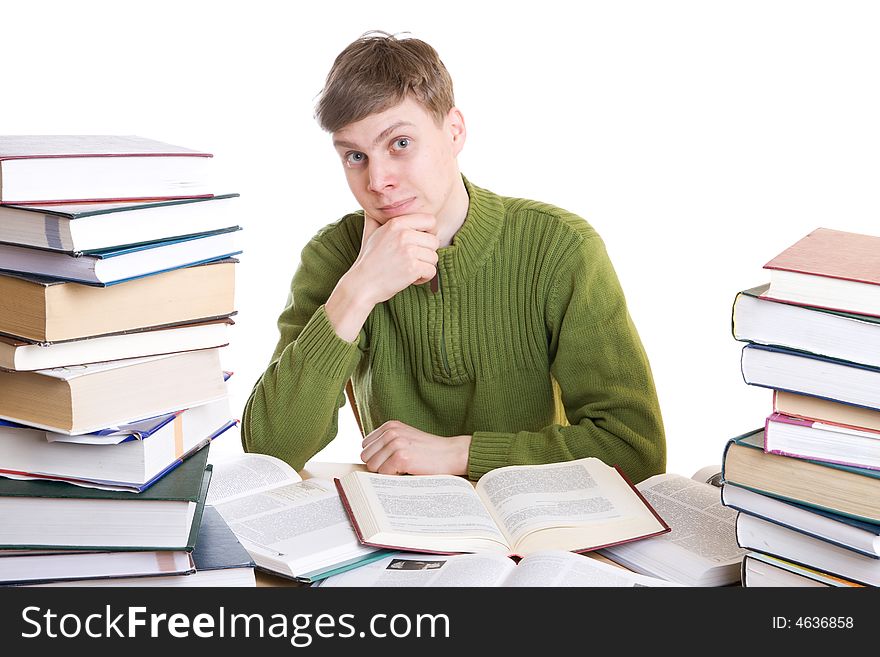 The young student with books isolated on a white background