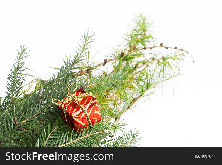 Christmas decoration with small present, made of pine needles