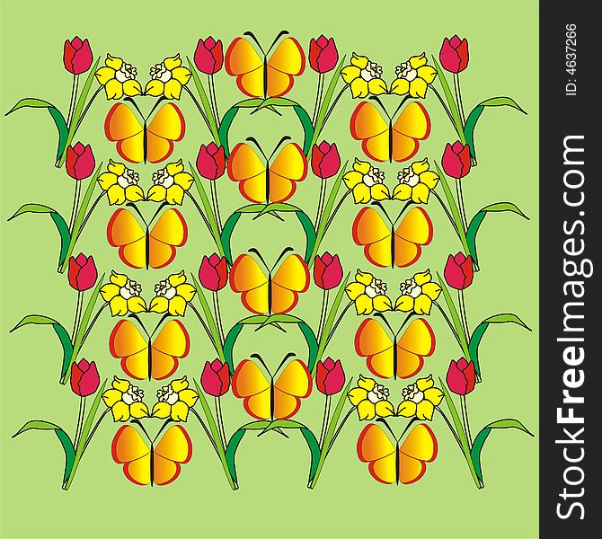 Decorative, pattern, butterfly, tulips, narcissus, green background. Decorative, pattern, butterfly, tulips, narcissus, green background