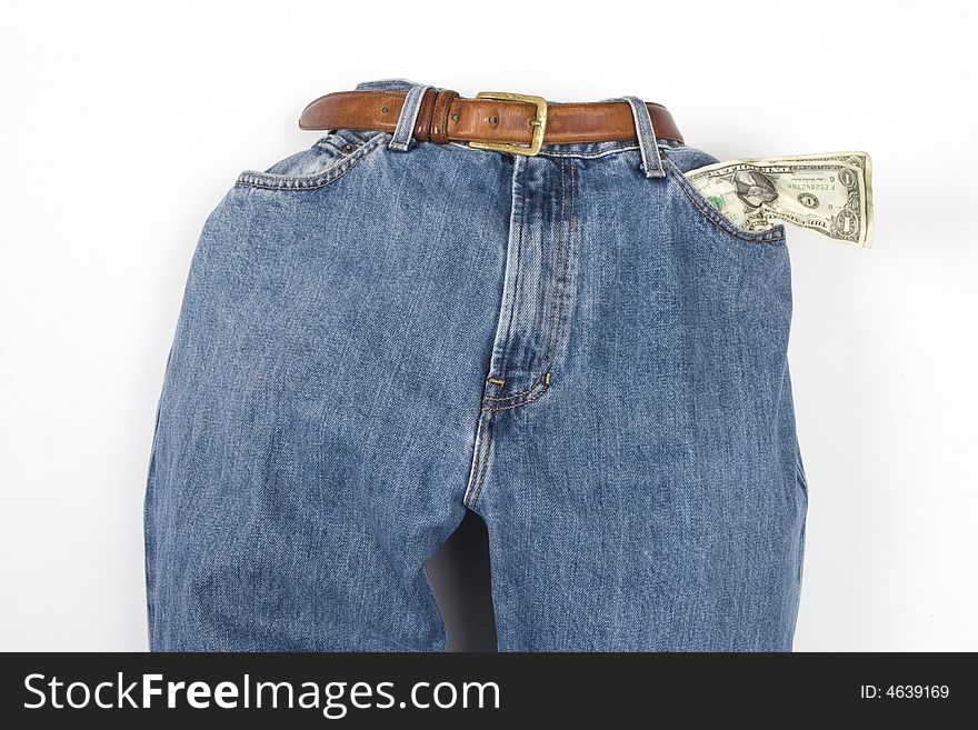 undressed Jeans with two dollars coming out of a pocket. undressed Jeans with two dollars coming out of a pocket