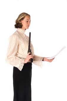 Resolute Woman With Gun And Papers Royalty Free Stock Photography