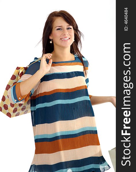 Shopping Women Smiling Over White Backg