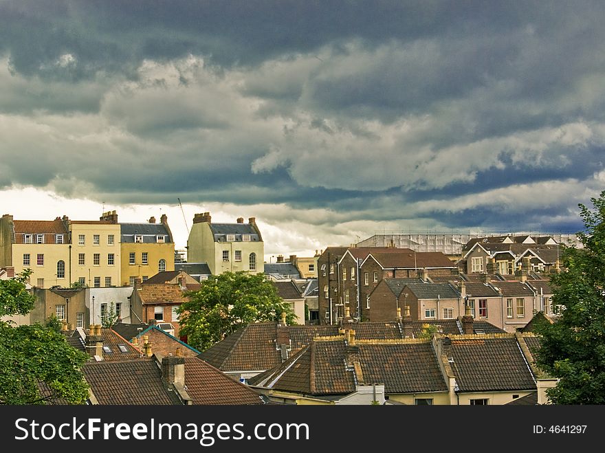 Massive summer storm clouds low over city. bristol united kingdom. Massive summer storm clouds low over city. bristol united kingdom