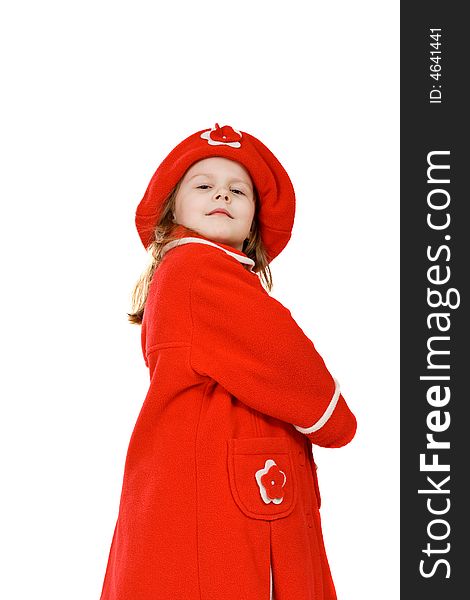 The little girl in a red coat, on the white background, isolated