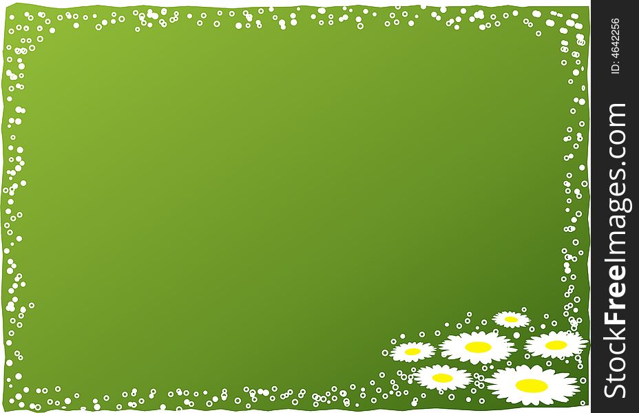 Green background with camomiles in lower right corner and bubbles forming a frame, possible to add text inside. Green background with camomiles in lower right corner and bubbles forming a frame, possible to add text inside