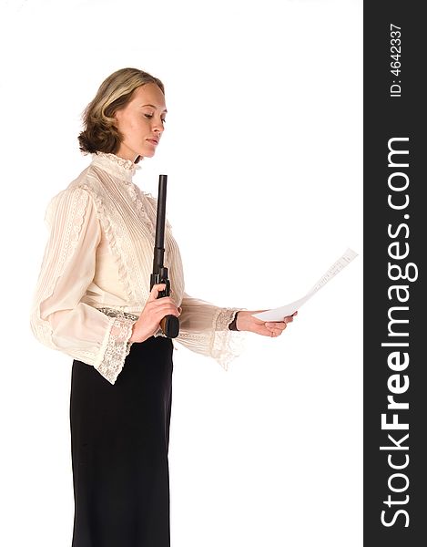 Resolute woman with gun and papers