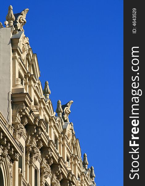 Pseudo egyptian forms in the facade of a bank building in the business district of Madrid. Pseudo egyptian forms in the facade of a bank building in the business district of Madrid