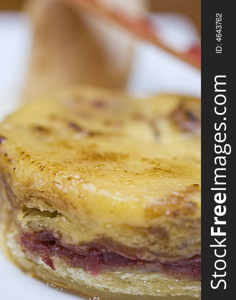 Modern british cafe with bread and butter pudding, cherry tuile biscuit, peanut parfait and funky crockery. Modern british cafe with bread and butter pudding, cherry tuile biscuit, peanut parfait and funky crockery