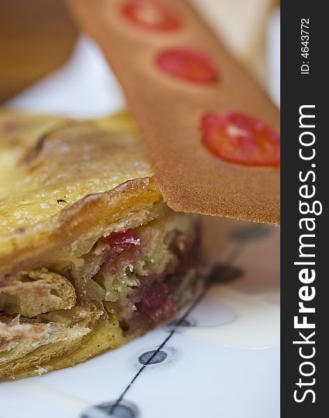 Modern british cafe with bread and butter pudding, cherry tuile biscuit, peanut parfait and funky crockery. Modern british cafe with bread and butter pudding, cherry tuile biscuit, peanut parfait and funky crockery