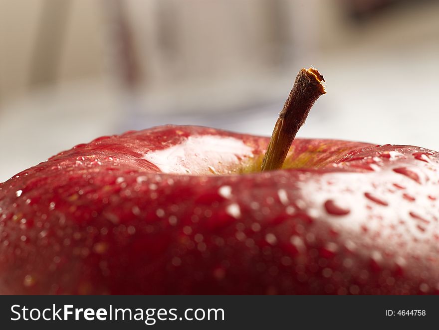 Close up red apple and stem on white isolated background. Close up red apple and stem on white isolated background.