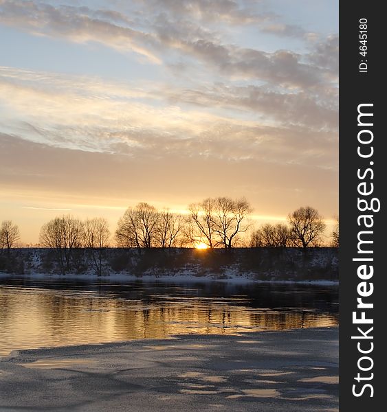 Winter river sunset