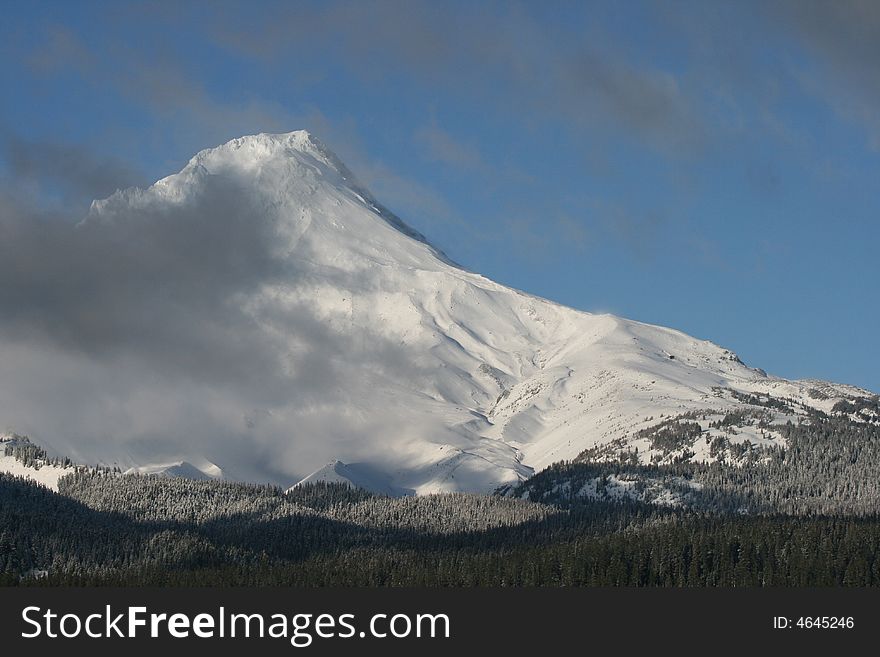 Mount Hood covered in ice and snow