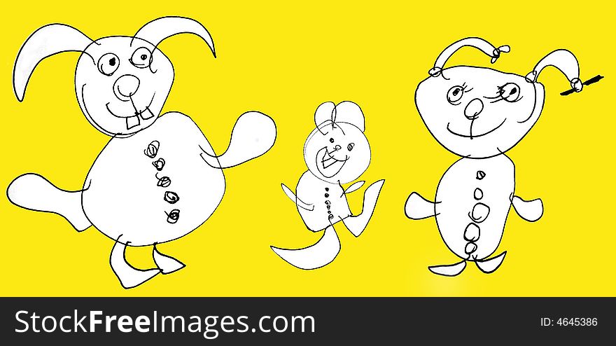 Childs Drawing of the happy family of Rabbits against the yellow background